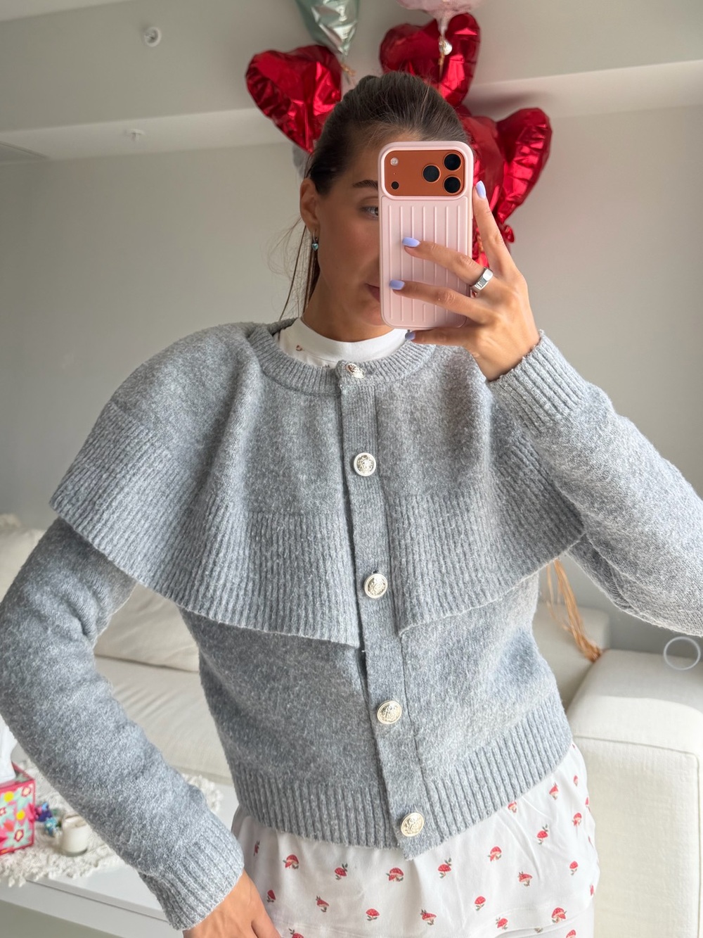 Vigoss Light Gray Rib-Knit Cape Cardigan Sweater